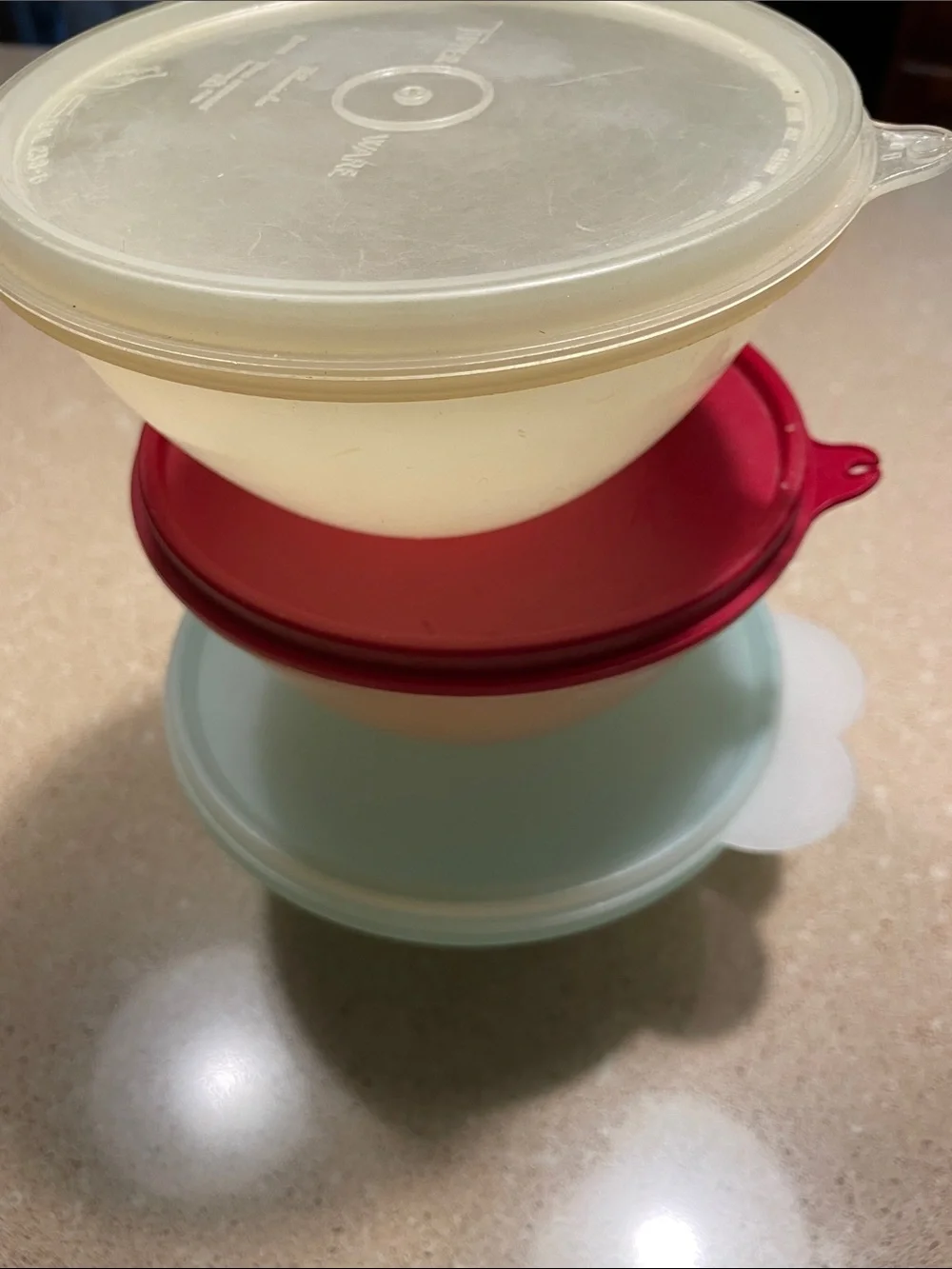 Vintage Tupperware Stackable Food Storage Bowls;Beige, Red, and Light Blue Lids